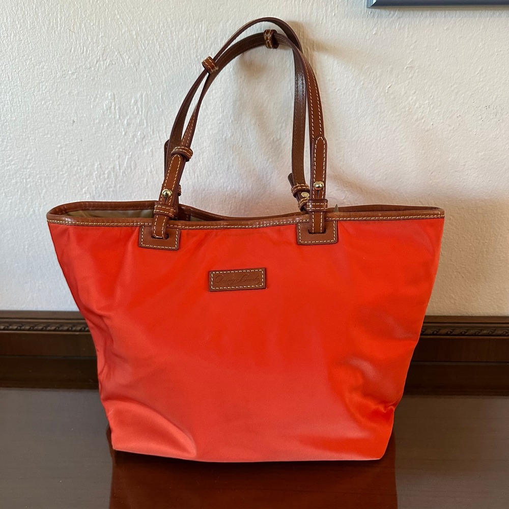 Dooney & Bourke Red Nylon Tote Bag Brown Leather Trim Shoulder Bag Large